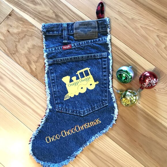 Handmade Denim Christmas Stocking w/Jean Pocket, Choo-Choo Train Graphics, S-M - Picture 4 of 9